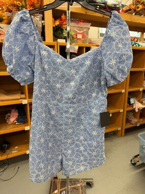Lulus Summer Charm Blue Floral Eyelet Embroidered Puff Sleeve Romper